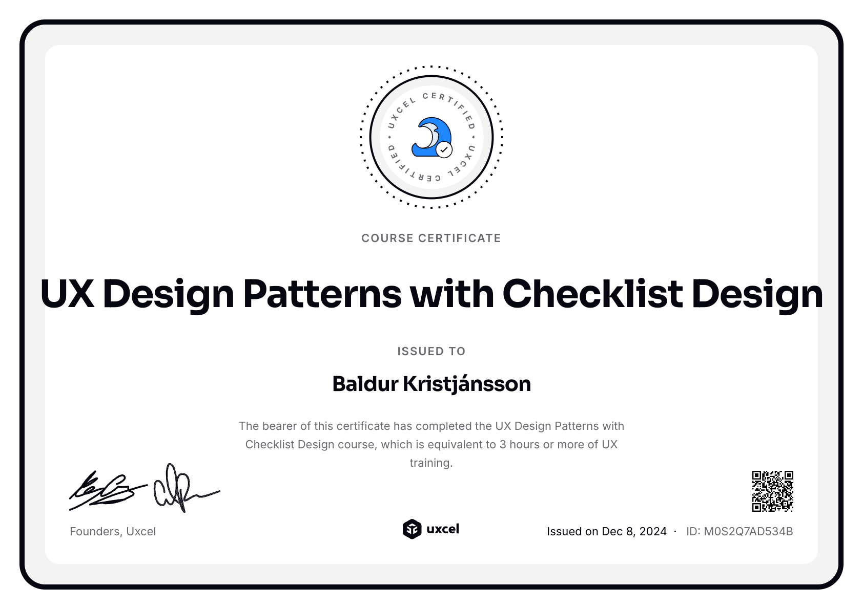 Baldur Kristjánsson's certificate